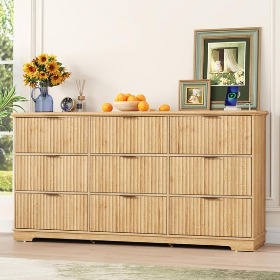 ANPOO Fluted 9 Drawer Dresser with Charging Station, 63'' Wide Farmhouse Wood Clothes Storage Organizer with Fluted Fronts & Metal Handle, for Bedroom, Living Room, Entryway