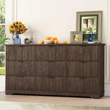 ANPOO Fluted 9 Drawer Dresser with Charging Station, 63'' Wide Farmhouse Wood Clothes Storage Organizer with Fluted Fronts & Metal Handle, for Bedroom, Living Room, Entryway