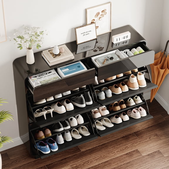 ANPOO Modern Shoe Cabinet with 2 Flip Drawers and Adjustable Shelves,Rounded Design Freestanding Wood Shoe Rack for Hallway Bedroom Entryway