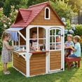 thumbnail image 1 of ANPOO Outdoor Wooden Kids Playhouse, Large Play House with Bench/Table/Kitchen/Flower Pot Holders/Toys, Outdoor Play Toy Gift for Ages 3+, 1 of 9