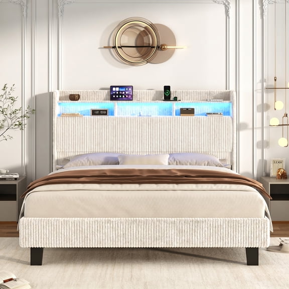 ANPOO Queen Bed Frame with LED Lights, Charging Station & Storage Headboard, 55in Tall Corduroy Upholstered Platform Bed, No Box Spring Needed