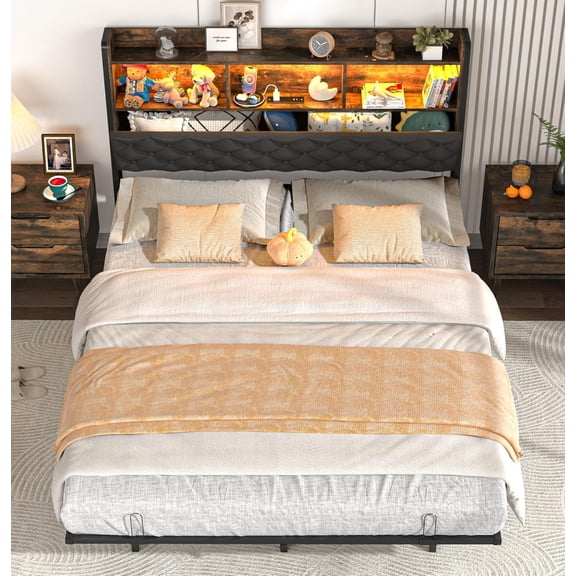 ANPOO Queen Size Floating Bed Frame with LED Light & Charging Station, Platform Bed with Storage Headboard,No Box Spring Needed