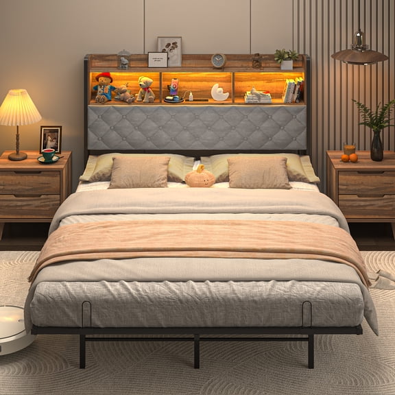 ANPOO Queen Size Floating Bed Frame with LED Light & Charging Station, Platform Bed with Storage Headboard,No Box Spring Needed