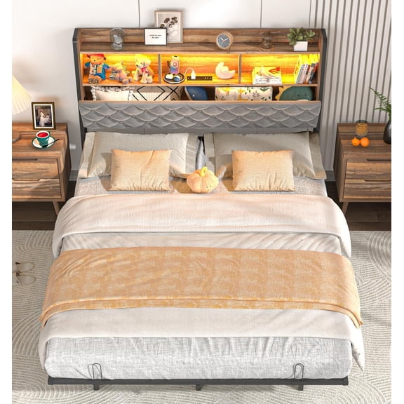 ANPOO Queen Size Floating Bed Frame with LED Light & Charging Station, Platform Bed with Storage Headboard,No Box Spring Needed