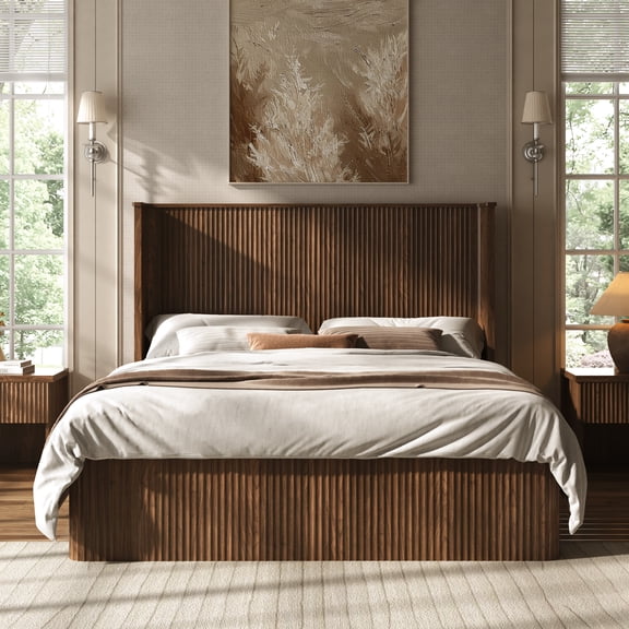 ANPOO Queen Size Fluted Wood Platform Bed Frame with 4 Storage Drawers, Tall Curved Headboard, Solid Slat Support, No Box Spring Needed, 1000LBS Weight Capacity, Natural Finish