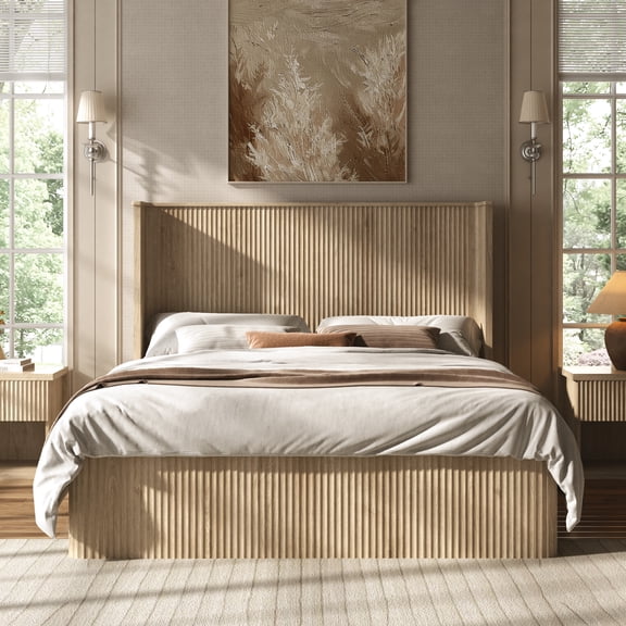 ANPOO Queen Size Fluted Wood Platform Bed Frame with 4 Storage Drawers, Tall Curved Headboard, Solid Slat Support, No Box Spring Needed, 1000LBS Weight Capacity, Natural Finish