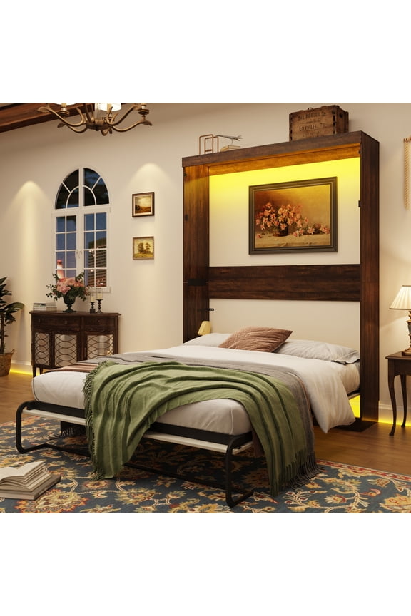 Queen Size Murphy Bed with 2 LED Lights, Farmhouse Wood Hidden Foldable Wall Bed Frame with Gas Struts, Storage Bed Cabinet for Bedroom, Office, Space-Saving, No Box Spring Needed
