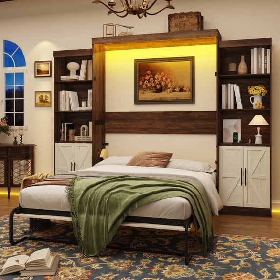 ANPOO Queen Size Murphy Bed with 2 LED Lights, Power Outlet, 2 Storage Units, Farmhouse Wood Hidden Foldable Wall Bed Frame with Gas Struts, Storage Bed Cabinet for Bedroom, Space-Saving