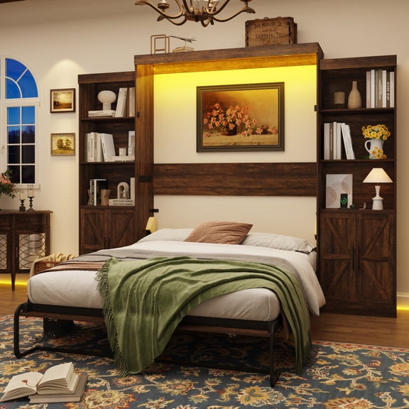 ANPOO Queen Size Murphy Bed with 2 LED Lights, Power Outlet, 2 Storage Units,  Farmhouse Wood Hidden Foldable Wall Bed Frame with Gas Struts, Storage Bed Cabinet for Bedroom, Space-Saving