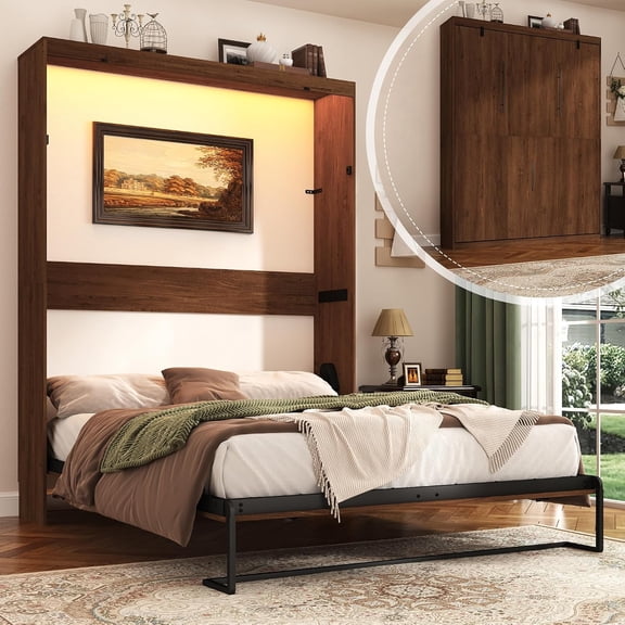 ANPOO Queen Size Murphy Bed with LED Light, Space-Saving Wall Bed Frame with Gas Struts, Modern Murphy Storage Bed Cabinet for Guestroom, Office, Bedroom, No Box Spring Needed, Brown