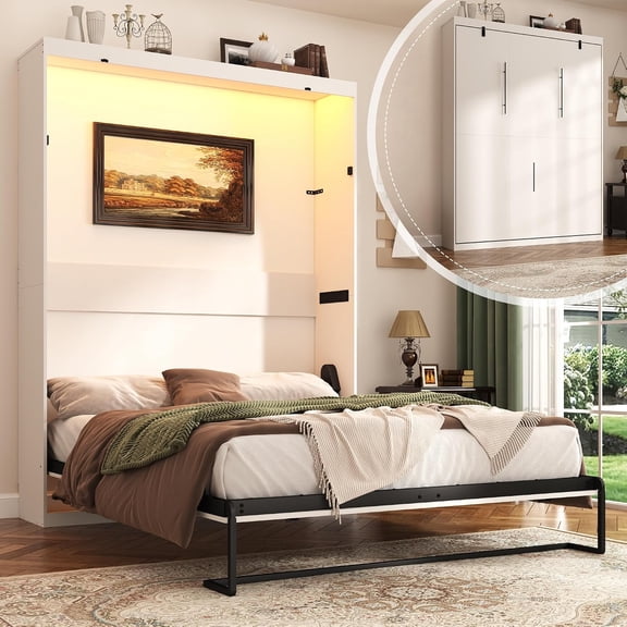 ANPOO Queen Size Murphy Bed with LED Light, Space-Saving Wall Bed Frame with Gas Struts, Modern Murphy Storage Bed Cabinet for Guestroom, Office, Bedroom, No Box Spring Needed, White