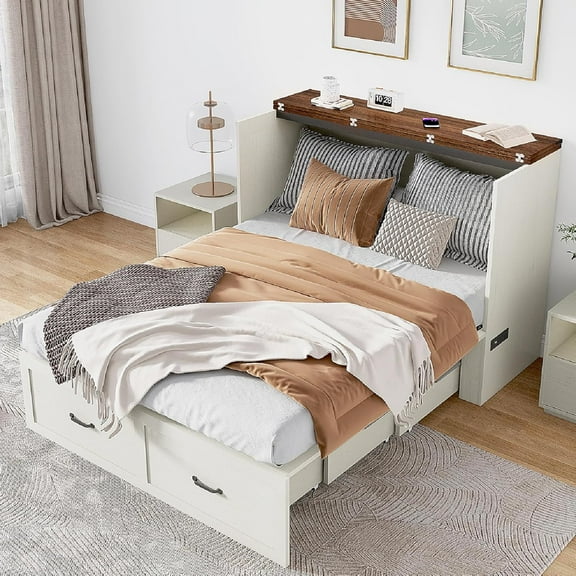 ANPOO Queen Size Murphy Chest Bed with Drawer and Power Outlets, Farmhouse Wood Hidden Folding Bed Chest w/2 Storage Drawers, Multifunctional Storage Cabinet Bed for Bedroom,White