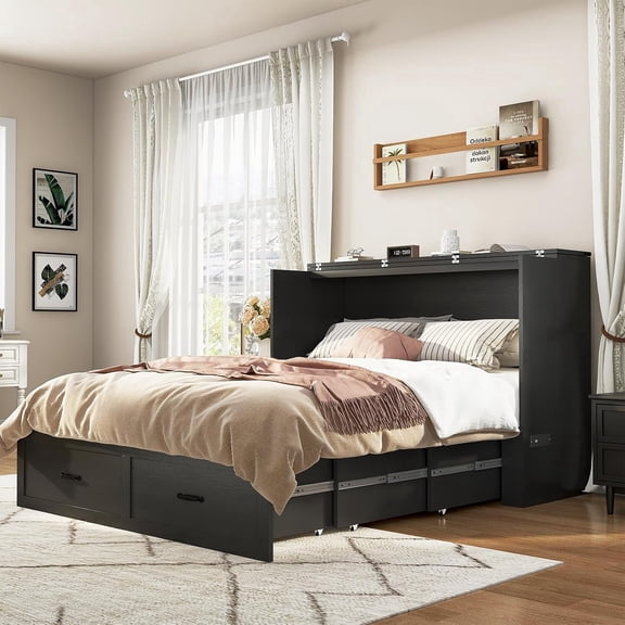 ANPOO Queen Size Murphy Chest Bed with Drawer and Power Outlets, Farmhouse Wood Hidden Folding Bed Chest w/2 Storage Drawers, Multifunctional Storage Cabinet Bed for Bedroom,Black