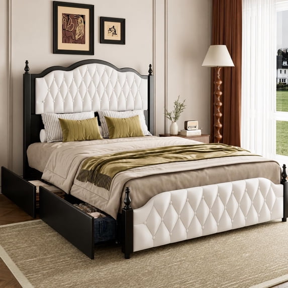 ANPOO Queen Upholstered Bed Frame with 51.2" Tall Tufted Headboard, Roman Column Design, Sturdy Platform Bed with 2 Drawers & LED Light & Wooden Slats Support, No Box Spring Needed, 1000 lbs Capacity