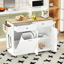 ANPOO Rolling Kitchen Island with Drop Leaf, Tilt Out Kitchen Trash Cabinet 10 Gallon Storage, Kitchen Cart Island with Rubber wood Top, Spice Rack and Drawers(White)