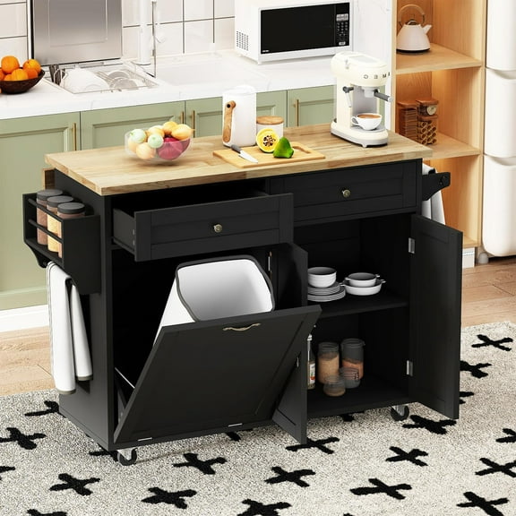 ANPOO Rolling Kitchen Island with Drop Leaf, Tilt Out Kitchen Trash Cabinet 10 Gallon Storage, Kitchen Cart Island with Rubber wood Top, Spice Rack and Drawers(Black)