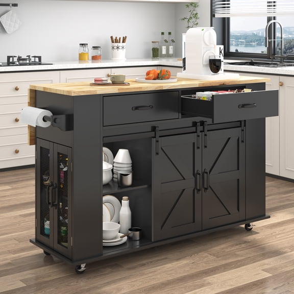 ANPOO Large Rolling Kitchen Island Table on Wheels with Drop Leaf, Barn Door Kitchen Island Table with Storage Cabinet and Tower Rack, Island Table for Kitchen