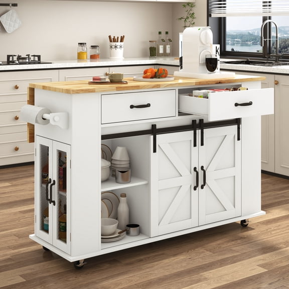 ANPOO Large Rolling Kitchen Island Table on Wheels with Drop Leaf, Barn Door Kitchen Island Table with Storage Cabinet and Tower Rack, Island Table for Kitchen