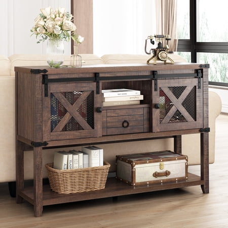 ANPOO Rustic Sofa Table, Large Console Table Entryway Table with 2 Barn Door Cabinets & 1 Drawer for Living Room