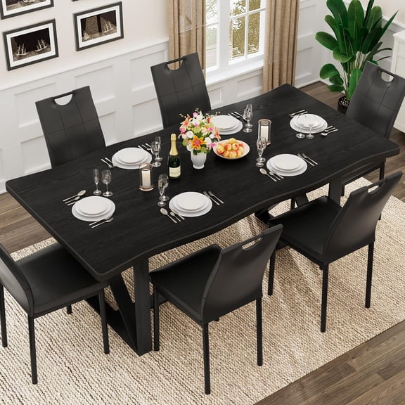 ANPOO Solid Wood Dining Table Set for 6, 70.9 Inch Wave‑Shaped Rectangular Kitchen Table with 6 Faux Leather Upholstered Dining Chairs, Heavy‑Duty Metal Frame Dining Room Furniture Set