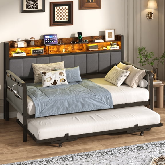 ANPOO Twin Daybed with Trundle, Upholstered Sofa Bed Frame with Charging Station & LED Lights, Heavy Duty Metal Day Bed with Storage Pockets, No Box Spring Needed, for Living Room Bedroom