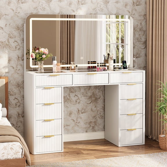 ANPOO Vanity Desk with 47.2" LED Lighted Mirror, Glass Tabletop, Built-in Power Outlet, 11 Drawers, Fluted Makeup Dressing Table for Bedroom