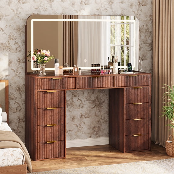 ANPOO Vanity Desk with 47.2" LED Lighted Mirror, Glass Tabletop, Built-in Power Outlet, 11 Drawers, Fluted Makeup Dressing Table for Bedroom