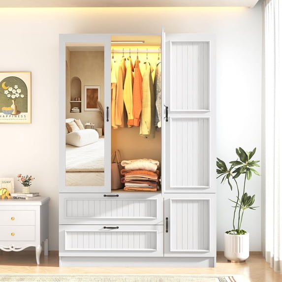 ANPOO Mid-Century Modern Vertical Grooved Bedroom Armoire, 3 Door Freestanding Wardrobe Closet with Mirrors, Motion Sensor LED Lights, 70.3" Tall Wooden Storage Cabinet with Drawers & Shelves