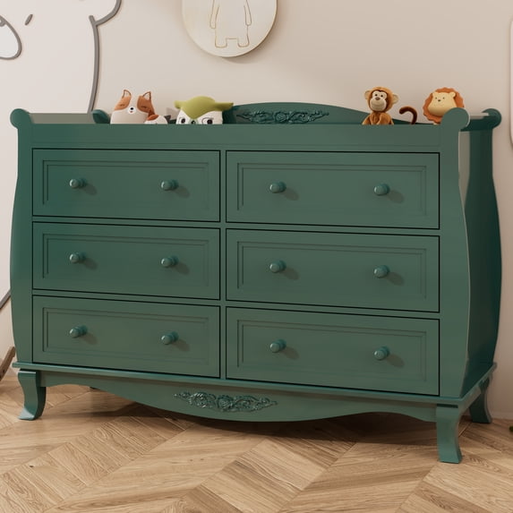 ANPOO Sleigh Style Baby Diaper Changing Table, 6 Drawer Storage Organizer, Baby Dresser with Changing Table Top, Convertible Nursery Dresser Chest of Drawers, Wood Dresser for Kids Bedroom, Green