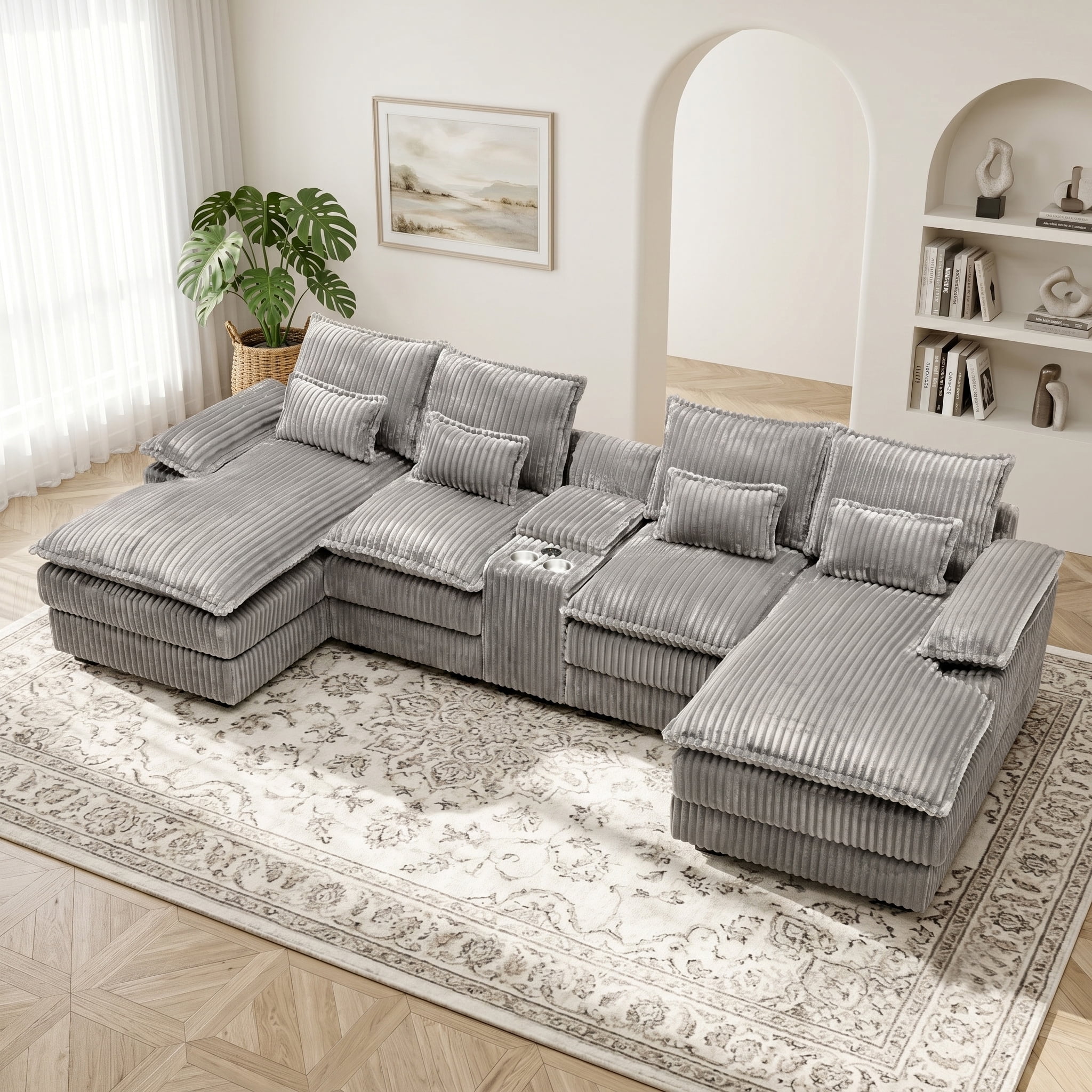ANPPORT Luxury 124" U Shaped Cloud Modular Sectional Sofa, Corduroy Deep Seat Couch with Storage Console, USB Ports & Cup Holders for Living Room, Light Grey