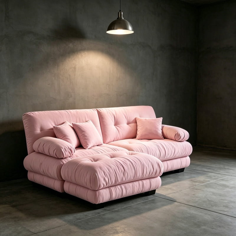ANPPORT Cloud Couch Sleeper Sofa, Chenille Pink 2-Seater Modular Sofa with 1 Ottomans, 2 Lumbar pillows, 2 Pillows, Comfy Deep Seat Cloud Sofa, Convertible L-Shaped Floor Couch for Living Room