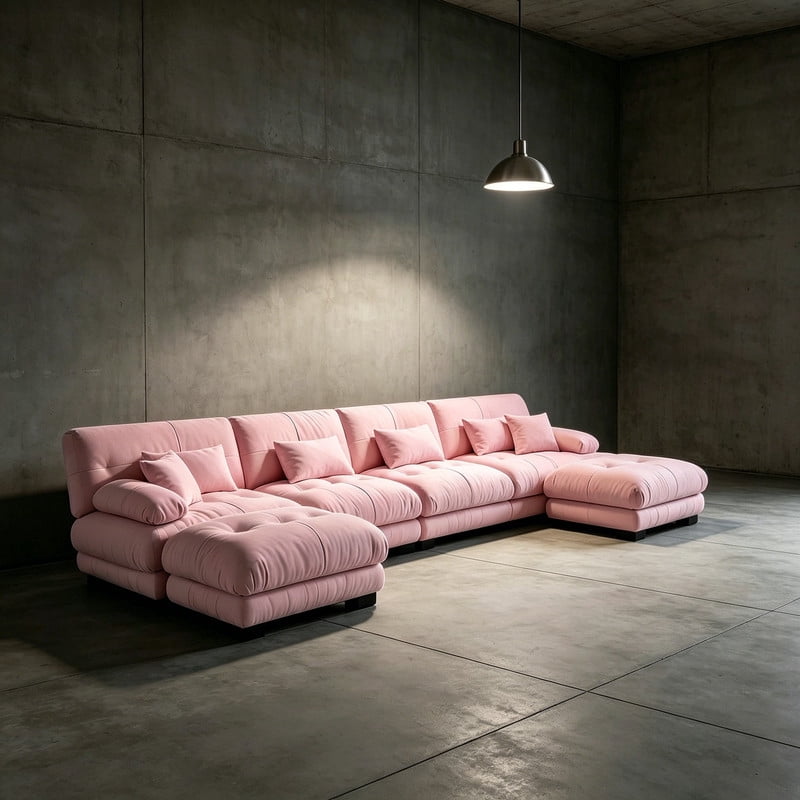 ANPPORT Cloud Couch Sleeper Sofa, Chenille Pink 4-Seater Modular Sofa with 2 Ottomans, 4 Lumbar pillows, 2 Pillows, Comfy Deep Seat Cloud Sofa, Convertible L-Shaped Floor Couch for Living Room