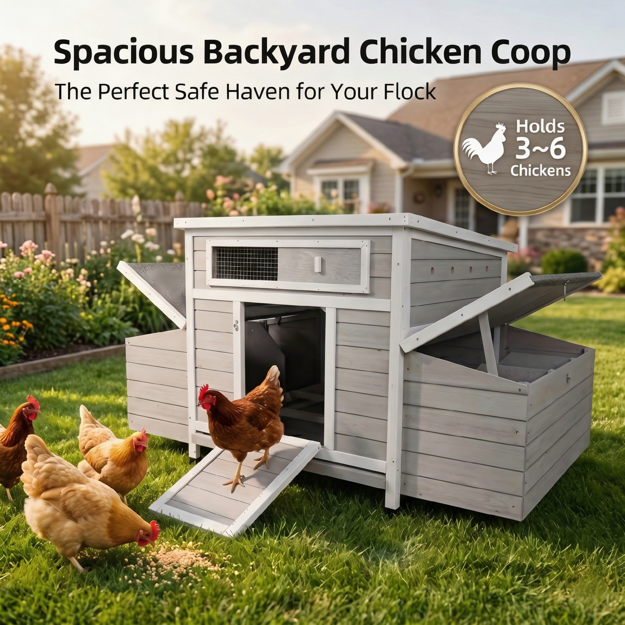 Backyard Chicken Coop with Nesting Box, Weather Resistant Wooden Hen House, Walk-In Run Options, Fits 2-6 Chickens, Gray Coop