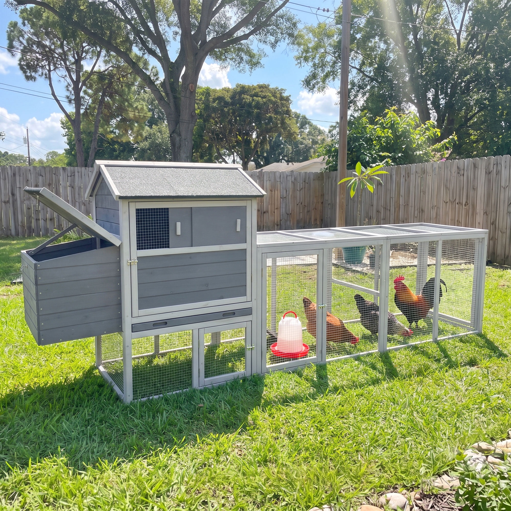 Backyard Chicken Coop with Nesting Box, Weather Resistant Wooden Hen House, Walk-In Run Options, Fits 2-6 Chickens, Gray Coop with Run