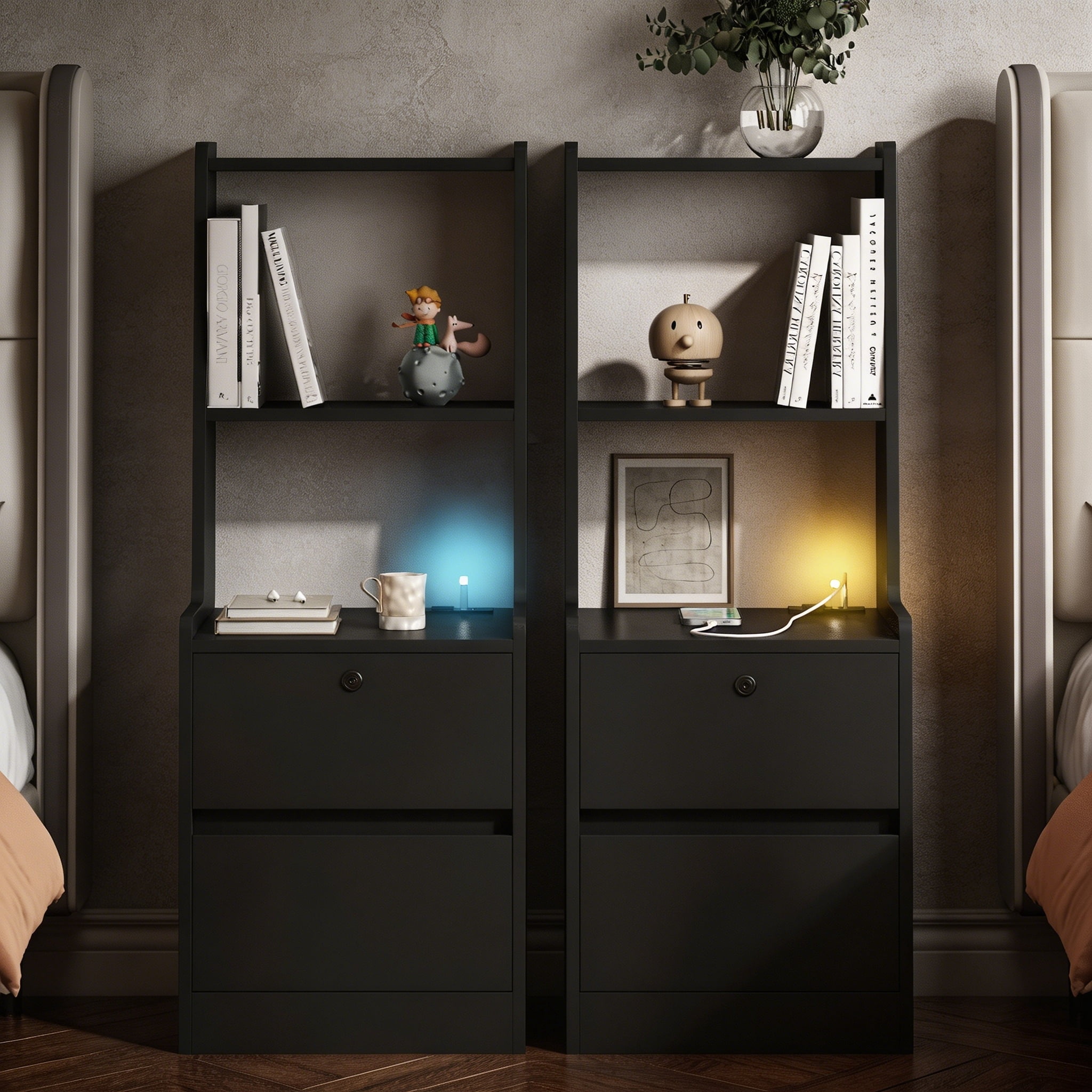 ANPPORT Nightstands Set of 2 with Charging Station and Night Light for Bedroom