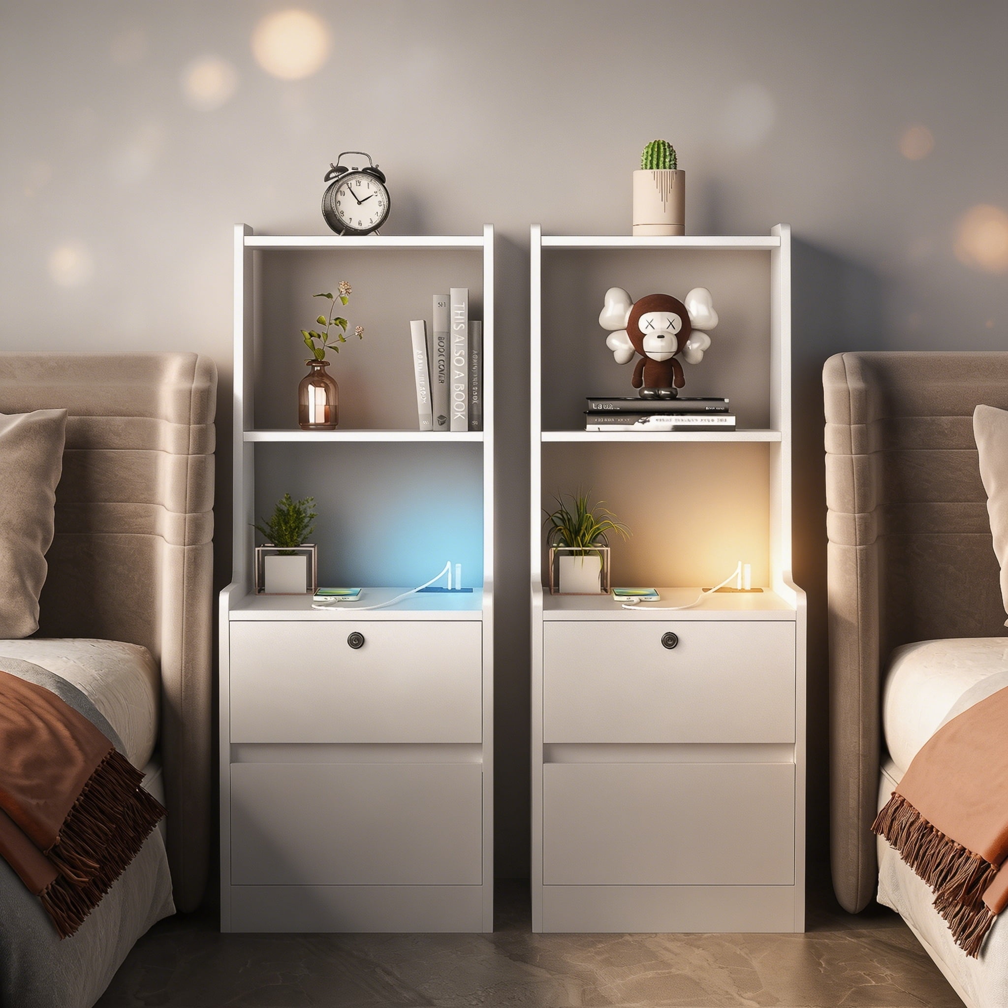 ANPPORT Modern White Smart Nightstands With Charging Station - Set Of 2