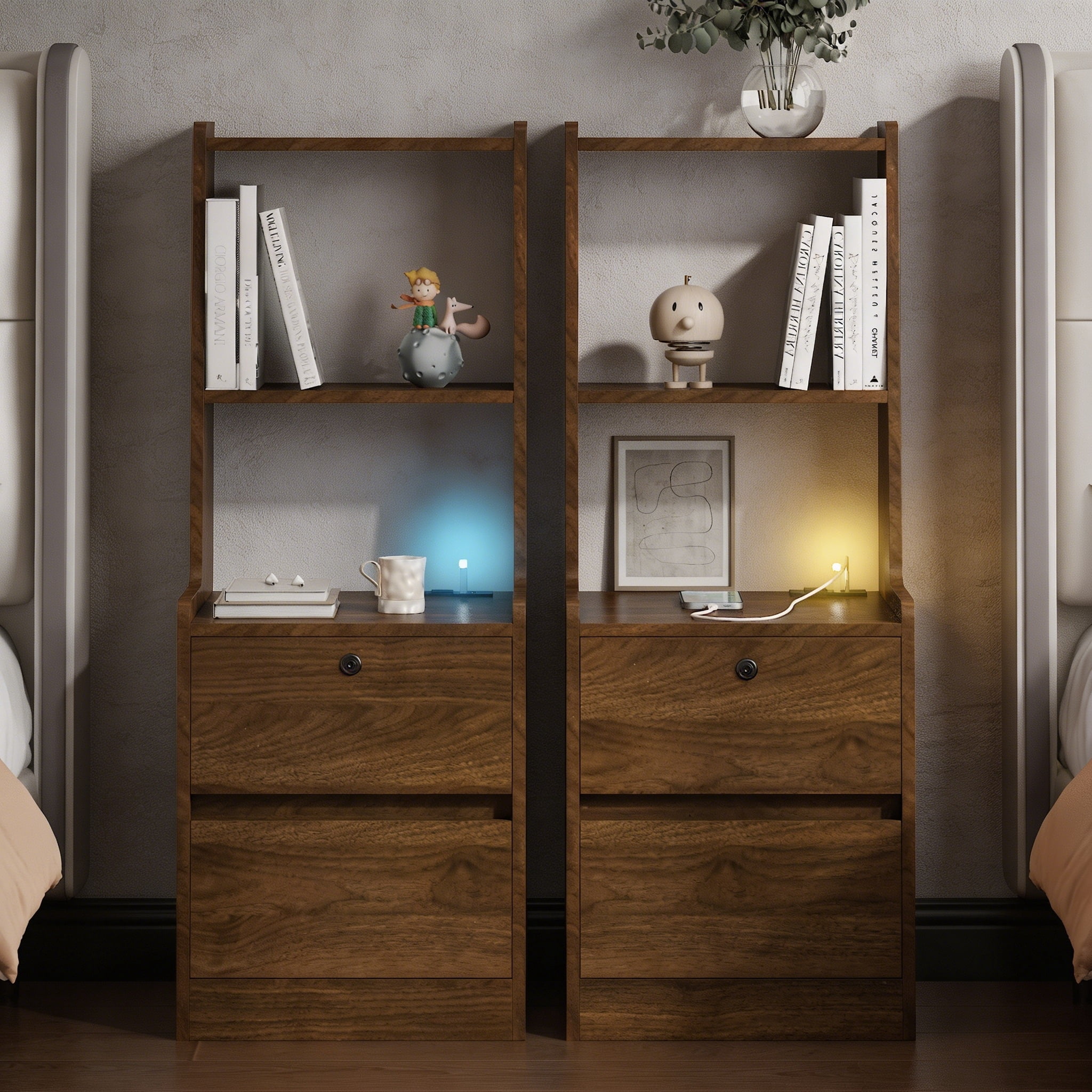 ANPPORT Modern Smart Nightstands Set of 2 with Night Light and Charging Station