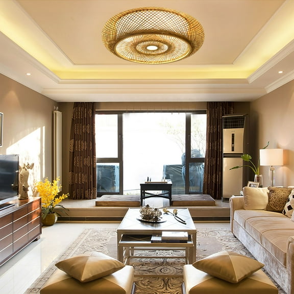 ANQIDI 19.7" Round Mesh Rattan Chandelier Hand-Woven Flush Mount Bamboo Wicker Lantern Ceiling Light 3-Lamp Rustic Pendant Light