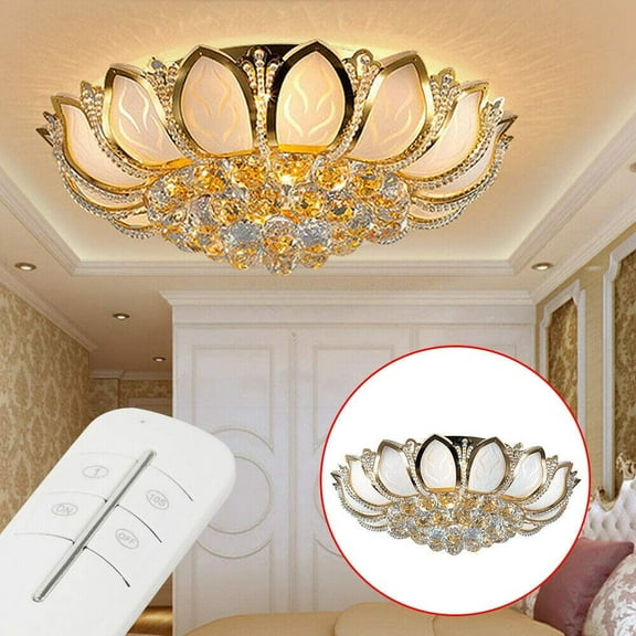 ANQIDI 23.5" Modern Crystal Pendant Lamp Gold Flush Mount Lotus Shape LED Chandelier 110V (with Remote Control)