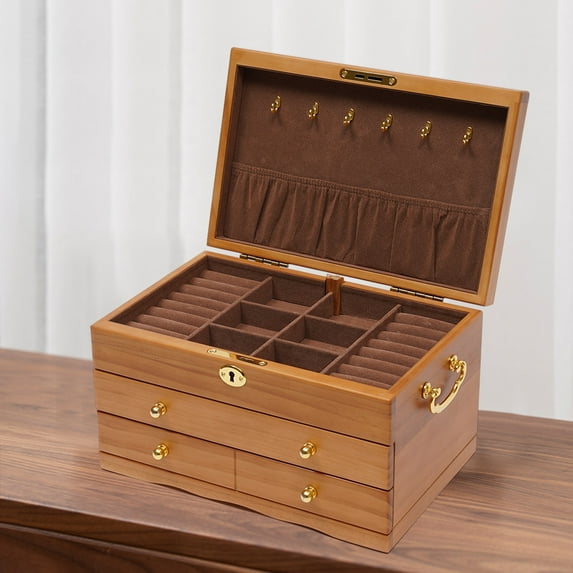 ANQIDI 3 Layers Wooden Jewelry Storage Box Retro Watches Ring Necklace Display Case with Hooks and Lock Christmas Gift for Ladies