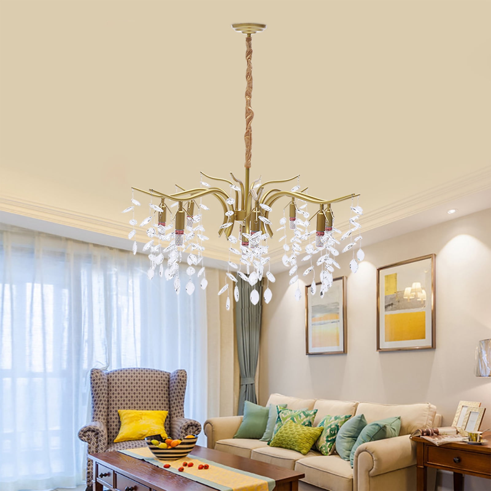 ANQIDI 35.43" Modern Crystal Chandelier Gold Dimmable Pendant Light 8+1 Heads Leaf Shape Hanging Lamp AC110-220V