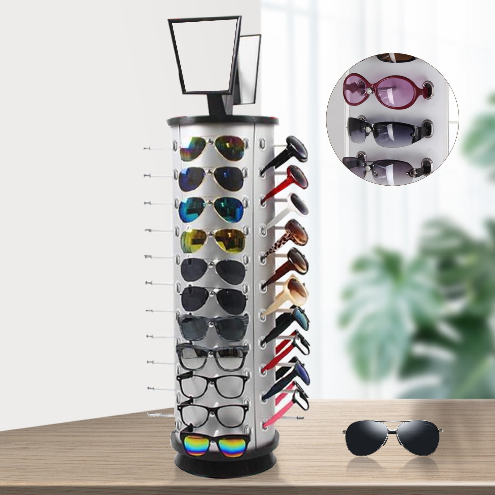 ANQIDI 360° Rotating Sunglass Display Rack 44 Pairs Glasses Holder  Freestanding Organizer Stand w/Mirror (Round) 