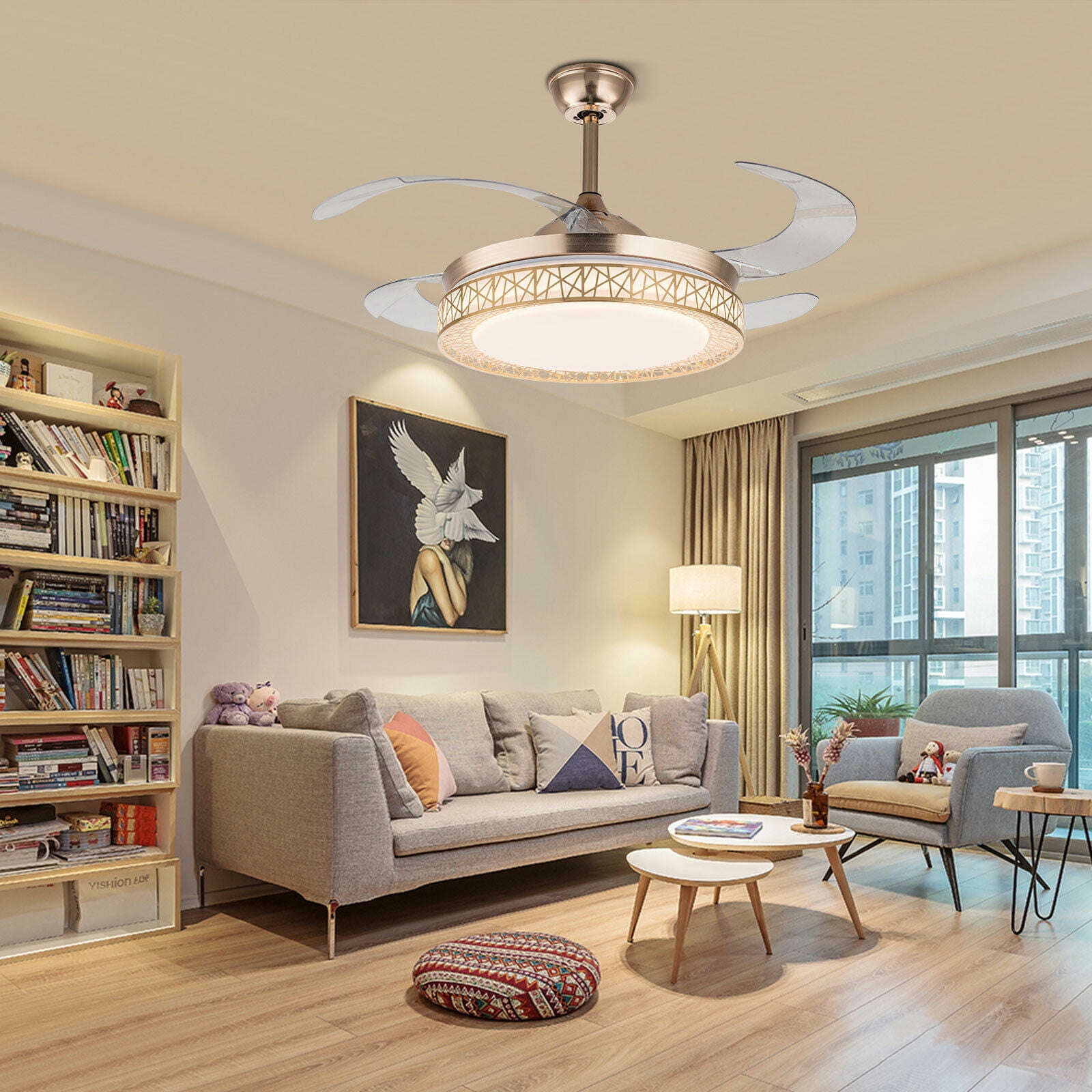 ANQIDI 42" Modern Gold Ceiling Fan Light 4 Retractable Blades LED