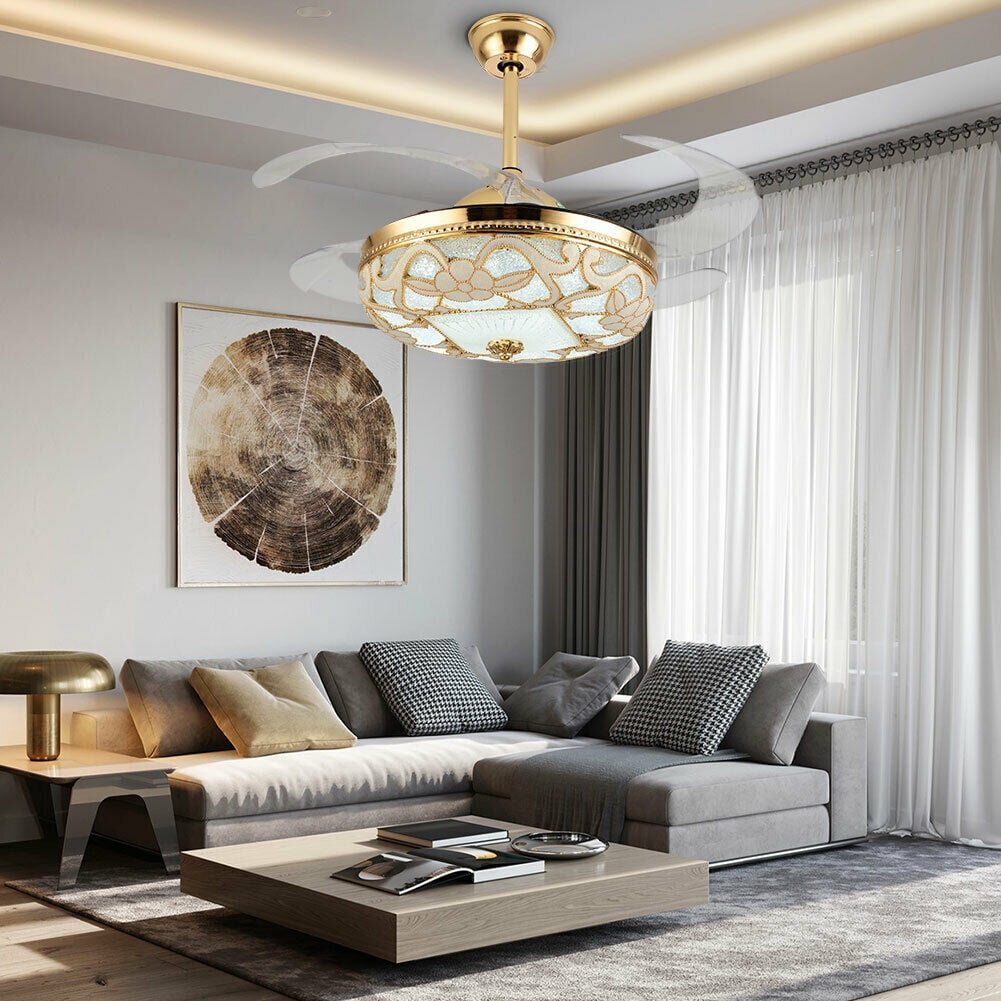 42" Gold Crystal Invisible Ceiling Fan Chandelier – LED Remote Control – 3 Light Colors