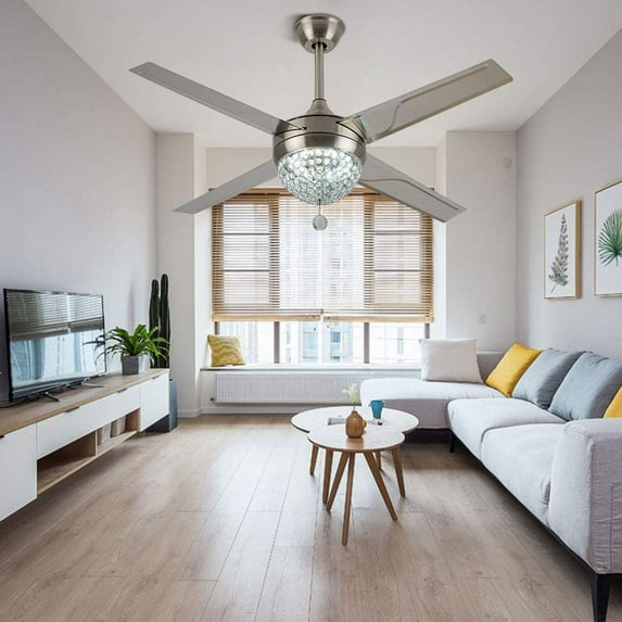 ANQIDI 44" Crystal Ceiling Fan Light Modern Home 4-Blades Pendant Fan Lamp Chandelier for Bedroom Living Room 110V