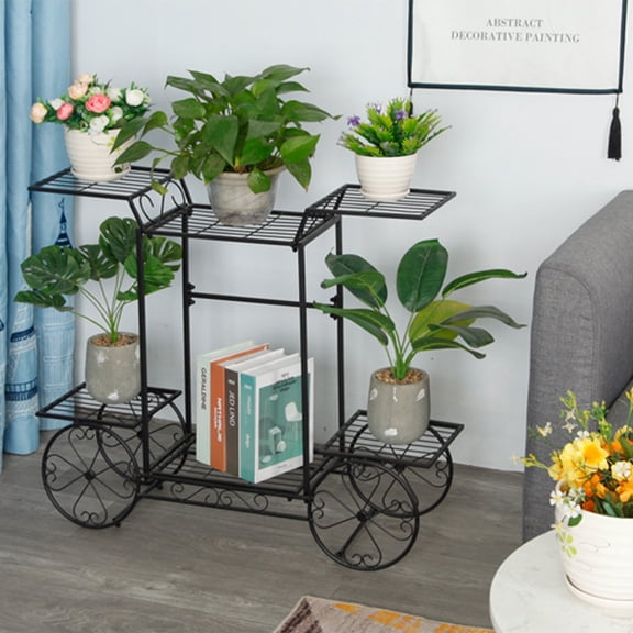 ANQIDI 6 Pots Metal Garden Cart Stand Black Plant Holder Flower Display Rack with Decorative Wheel