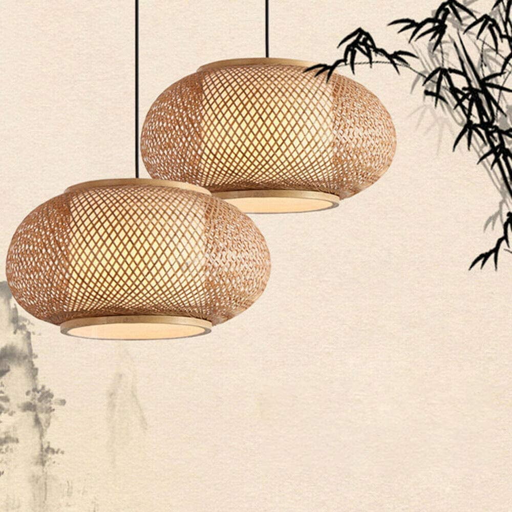 ANQIDI Chandelier Lamp, 16" Vintage Bamboo Wicker Rattan Lantern Pendant Light Natural Weaving Wooden Hanging Ceiling Lamp