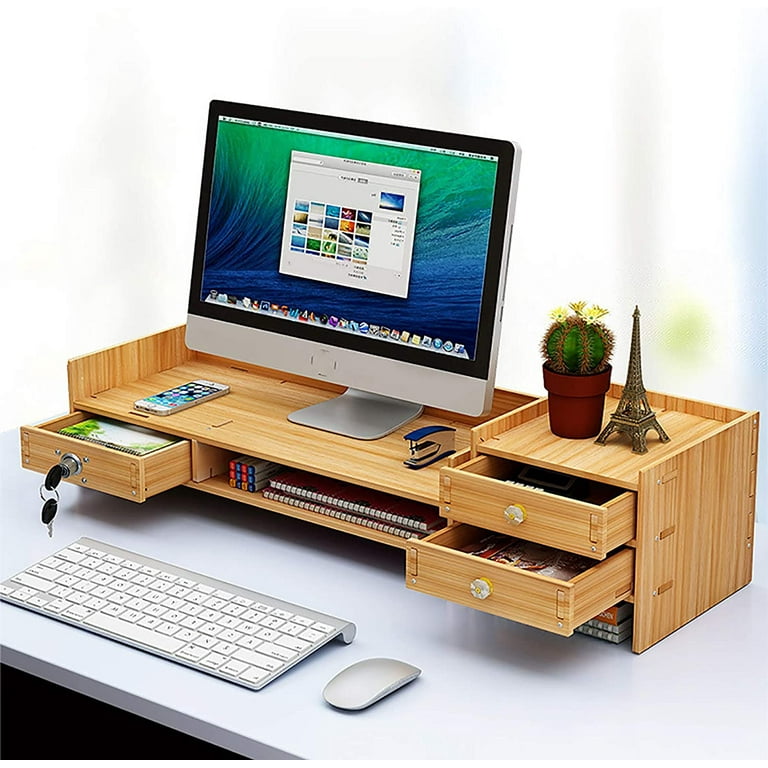 ANQIDI DIY Office Wood Desk Organizer Multifunctional Wooden Storage Shelf  Monitor Stand Riser Desktop Tray with Lock Drawer 