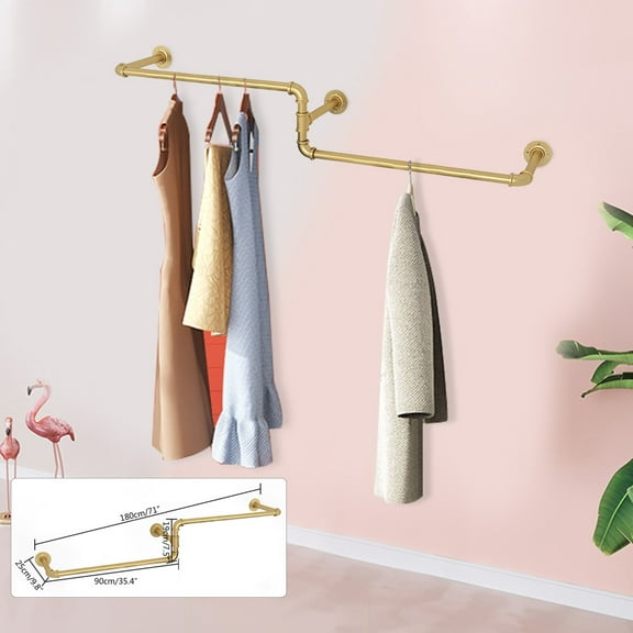ANQIDI Gold Wall Mounted Clothes Rack Industrial Iron Pipe Garment Rack for Clothes Storage