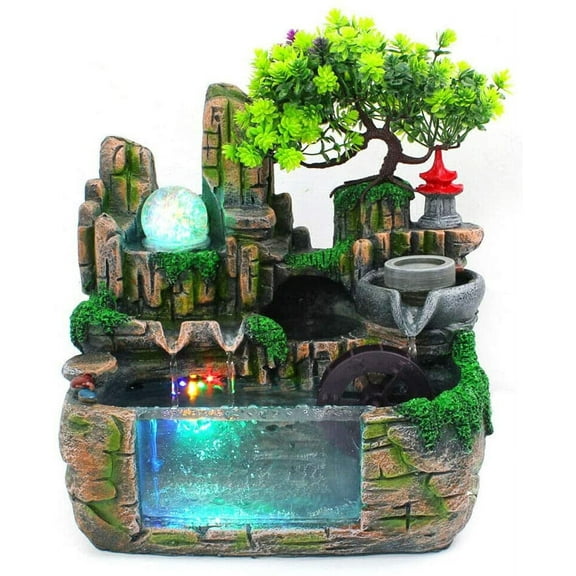 ANQIDI Indoor Mini Rockery Water Fountain Desktop Chinese Fengshui Waterfall Bonsai w/LED Light & Atomizer for Home Office Decoration